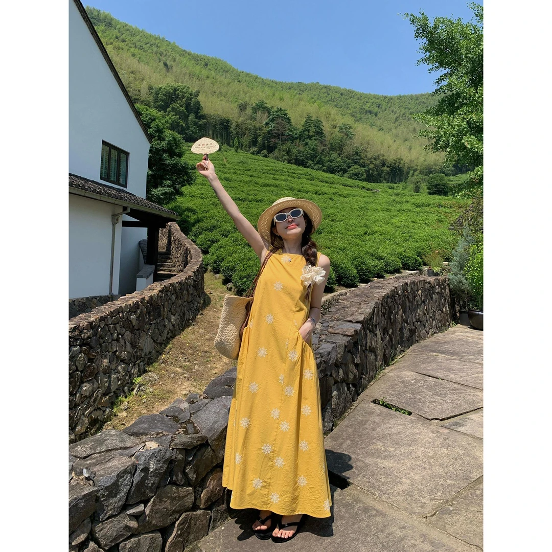 【日落巴萨】夏季长款宽松印花a字无袖背心连衣裙女