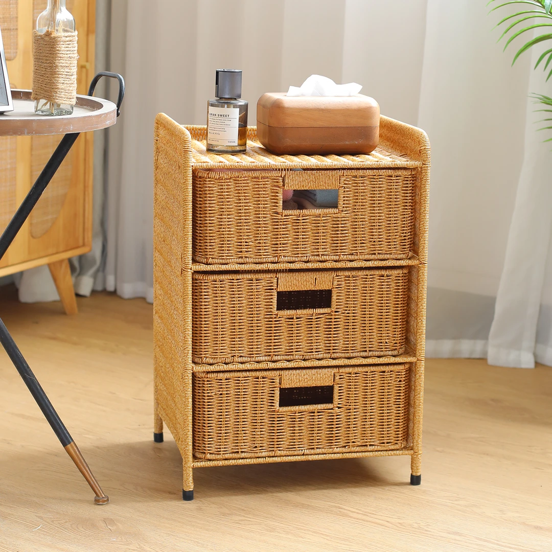 家好点收纳柜三层抽屉式仿藤编卧室床头柜多层家用整理储物柜入户