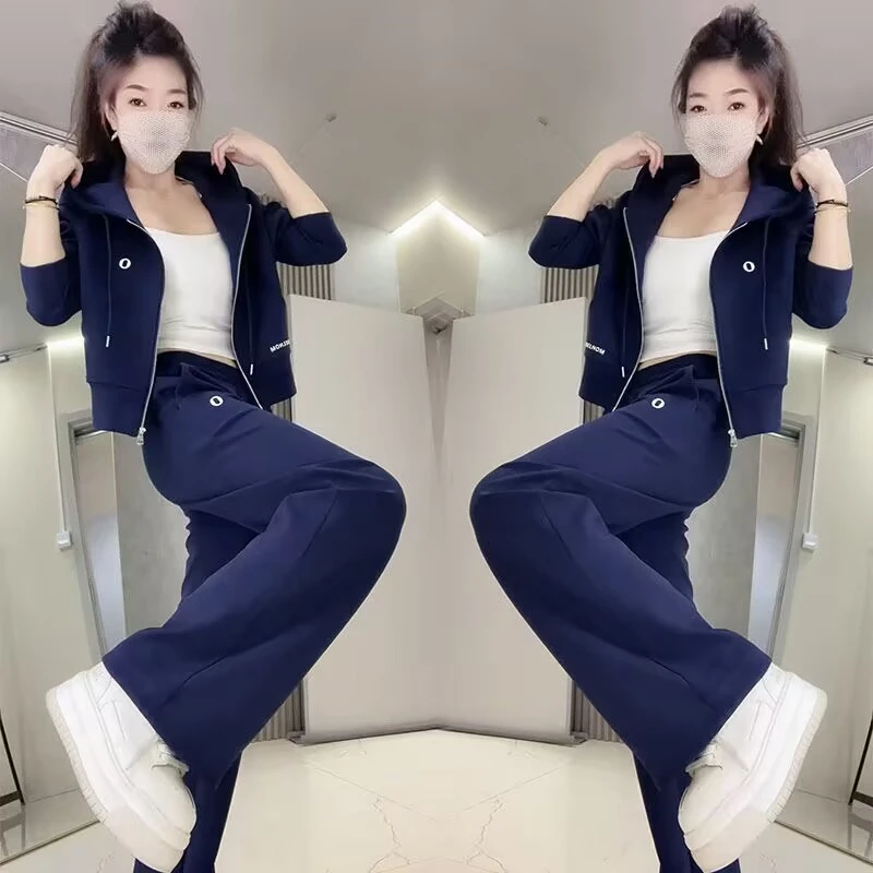 休闲运动套装女2025秋季新款韩版时尚显瘦字母连帽卫衣长裤两件套