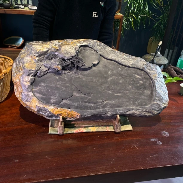 端砚石手工雕刻茶盘，尺寸74/40/9