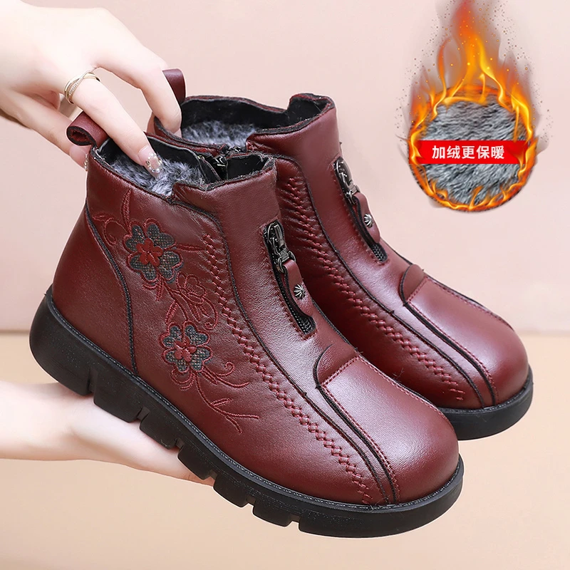 冬季植物花卉圆头保暖拉链刺绣花短靴休闲老人加厚