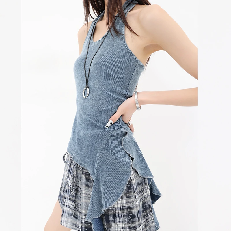 QIUQIU STUDIO美式辣妹挂脖露背飘带针织背心女修身性感打底上衣