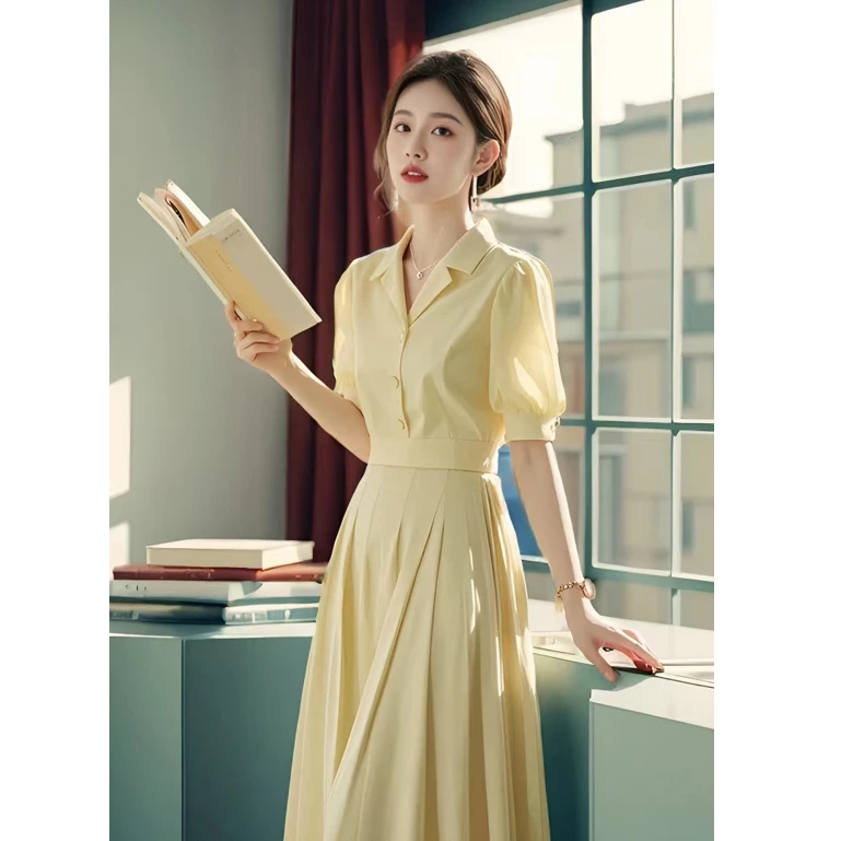 （8024）轻奢职场休闲小个子法式气质黄色雪纺连衣裙子女装夏季时尚