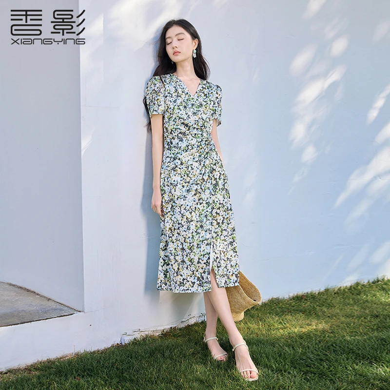 【直播专享】L85S073连衣裙 香影法式v领碎花连衣裙女夏装新款抽