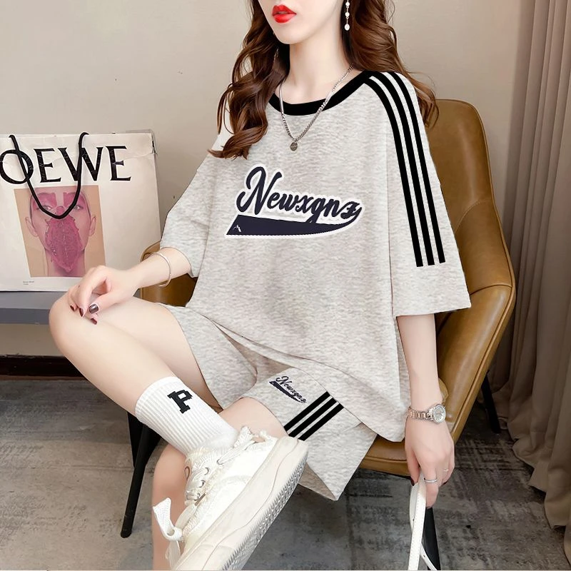 胖mm宽松休闲纯棉百搭大码运动套装女夏季新款网红短袖短裤两件套