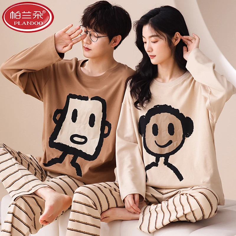 帕兰朵100%纯棉柔软亲肤卡通情侣睡衣春秋季长袖长裤男女家居服宽