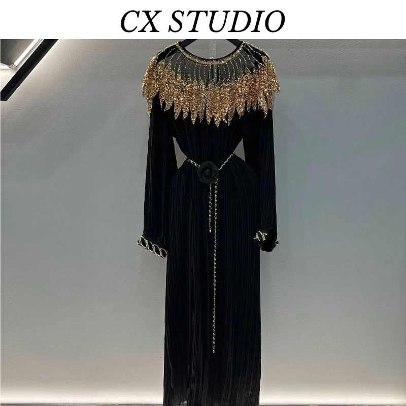 黑色春季手缝亮片网纱气质宽松a字大摆减龄显瘦百褶连衣裙S9415A