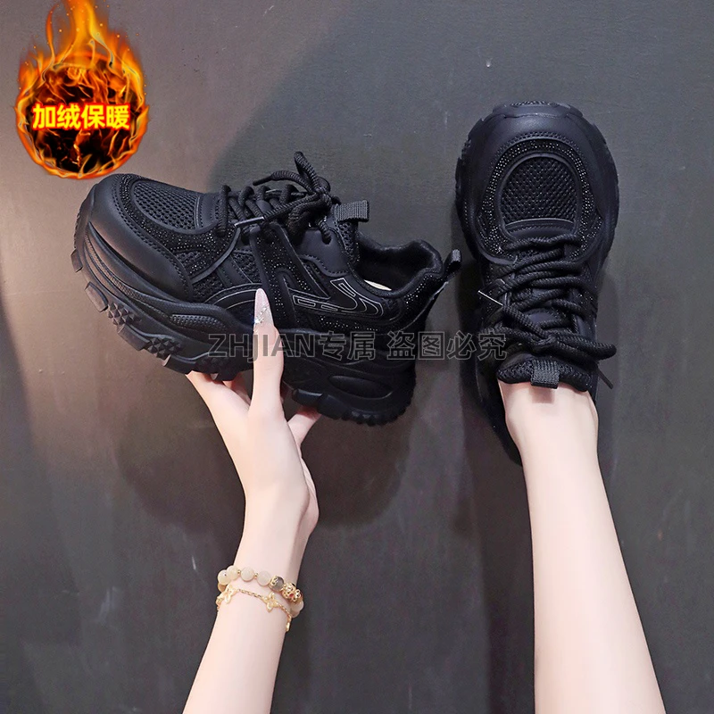 网红时尚水钻厚底老爹鞋女款2025新款秋冬加绒加厚百搭新款老爹鞋