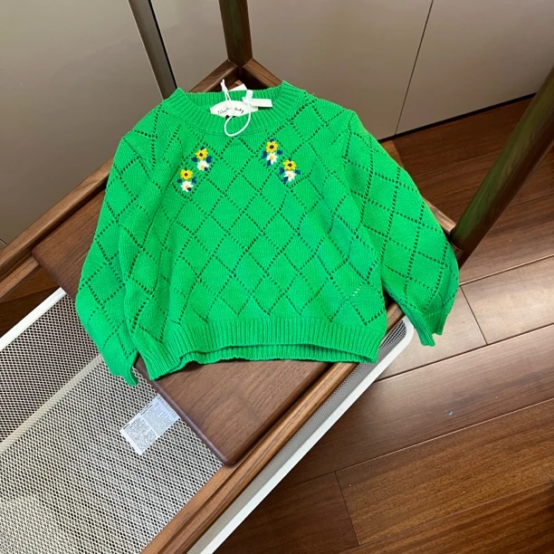 【编号N213】Y2211-05-儿童花朵镂空菱格毛衣绿色-SWD