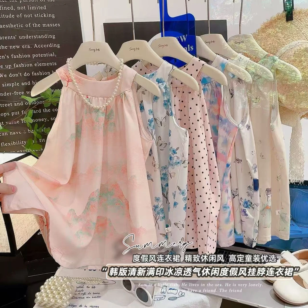 欧若风2025新款女童连衣裙夏季网红韩版长裙沙滩吊带裙无袖公主裙