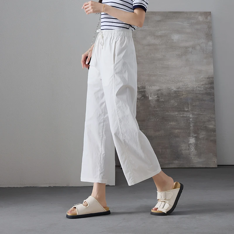索菲丝尔2025年薄料休闲简约抽绳松紧腰阔腿裤女522709