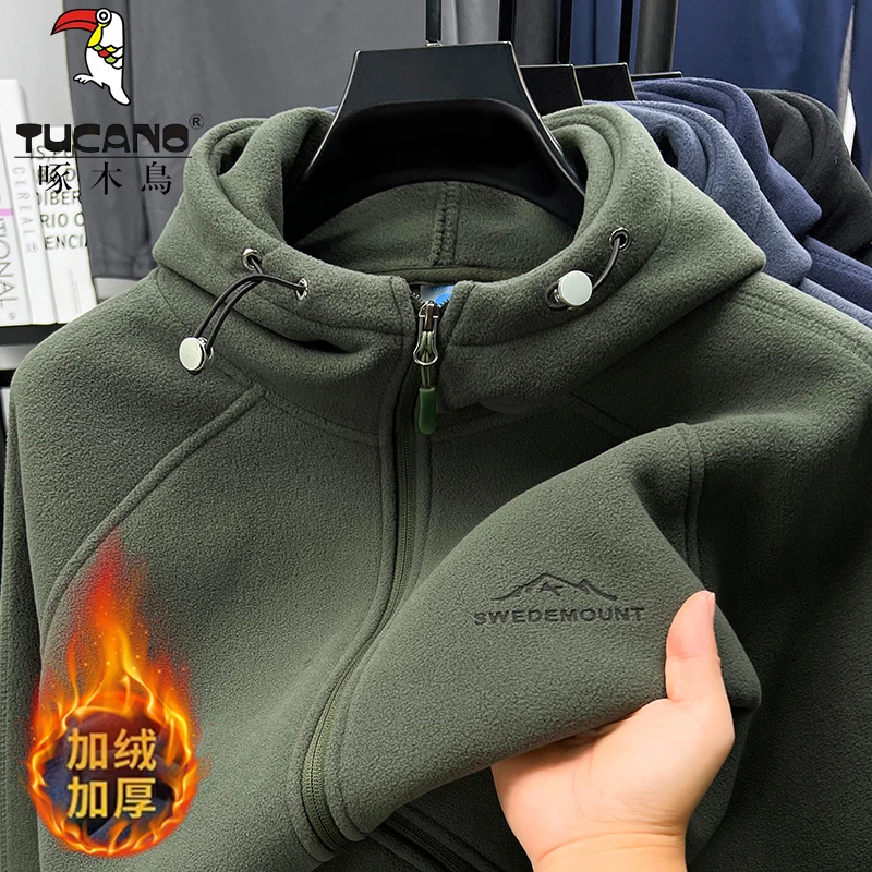 啄木鸟秋冬防风加绒加厚奥粒绒外套上衣户外休闲运动立领开衫卫衣