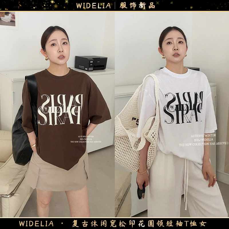 widelia陈魅儿2025春夏新款复古休闲宽松印花圆领短袖T恤女730025