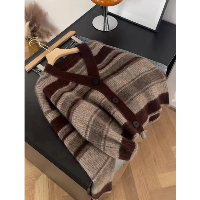 秋冬新品加厚美拉德系列百搭条纹基础韩系宽松针织开衫女