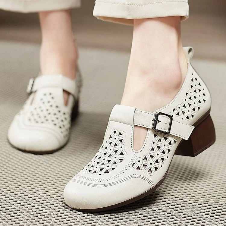 中粗跟凉鞋民族风软底圆头镂空丁字鞋复古休闲中年洞洞鞋百搭透气