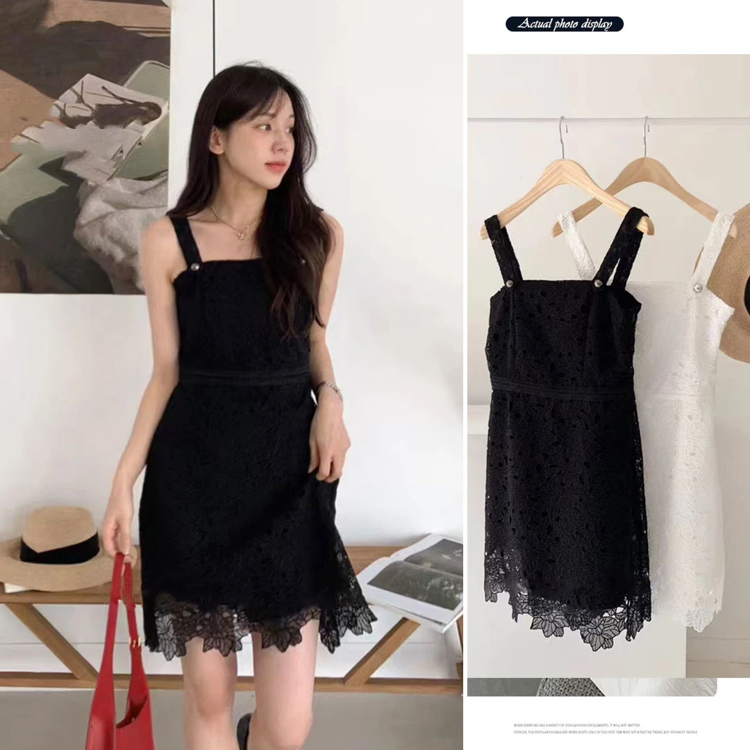 温柔风方领刺绣蕾丝花边短裙夏季富家千金高腰显瘦吊带背心连衣裙