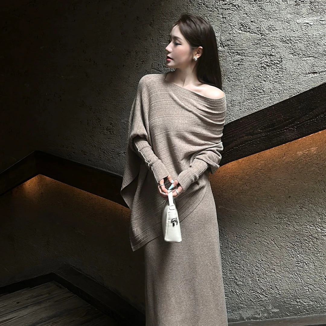 法式一字肩针织套装连衣裙子女2025新款早秋季氛围感流行穿搭长裙