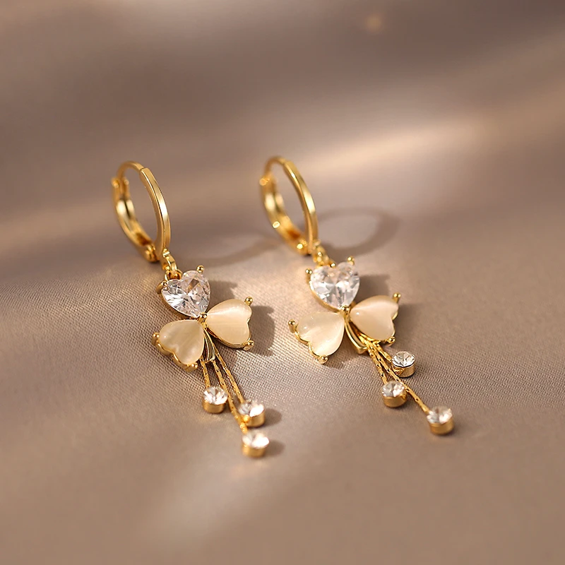 铜合金合成锆石耳饰 轻奢三叶草耳环2025新款爆款高级感流苏耳饰