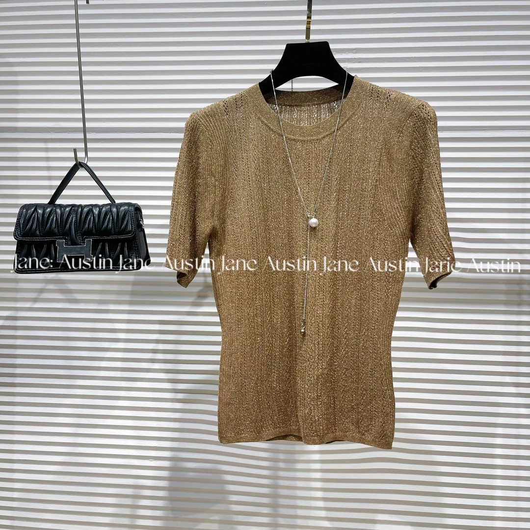 Jane Austin•(棕子叶)2025轻奢水晶纱线时尚显瘦塑身短袖气质