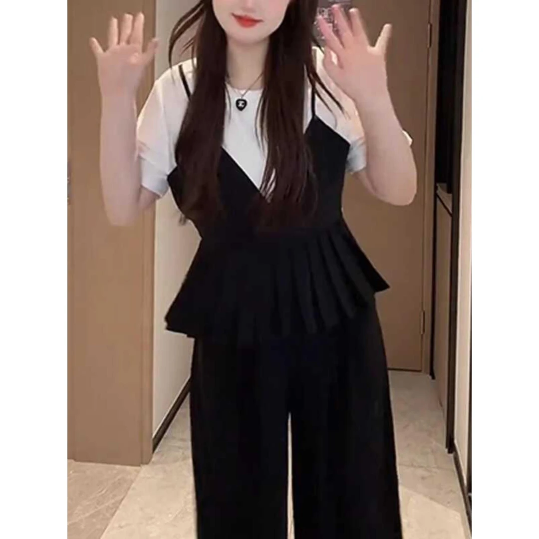 大码假两件拼接短袖T恤女夏季微胖mm显瘦百褶设计感小众正肩上衣