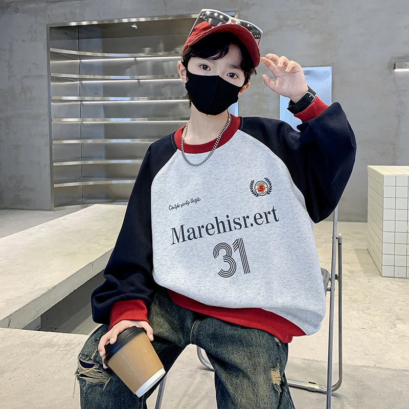 男童拼色插肩袖字母卫衣春秋2025新款儿童洋气休闲长袖上衣中大童