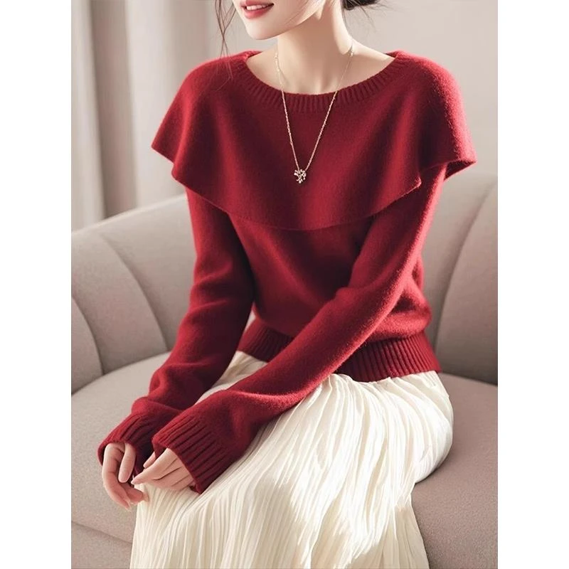 小香风新年红色毛衣女2025春秋高级设计感小众软糯套头针织衫上衣