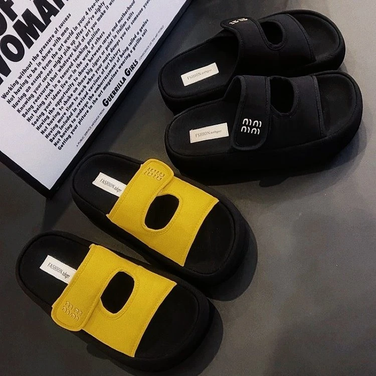 2025学生百搭外穿帆布拖鞋女魔术贴沙滩配裙子增高厚底凉拖鞋休闲