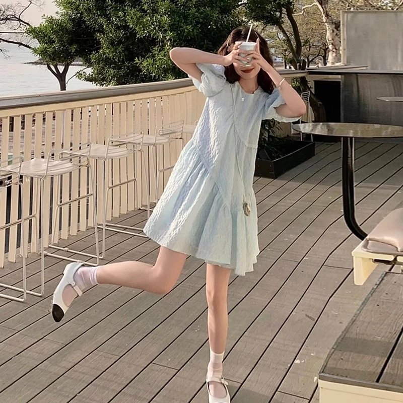 宽松裙子2025新款胖mm夏季外穿高级感泡泡袖小清新蓝色连衣裙女