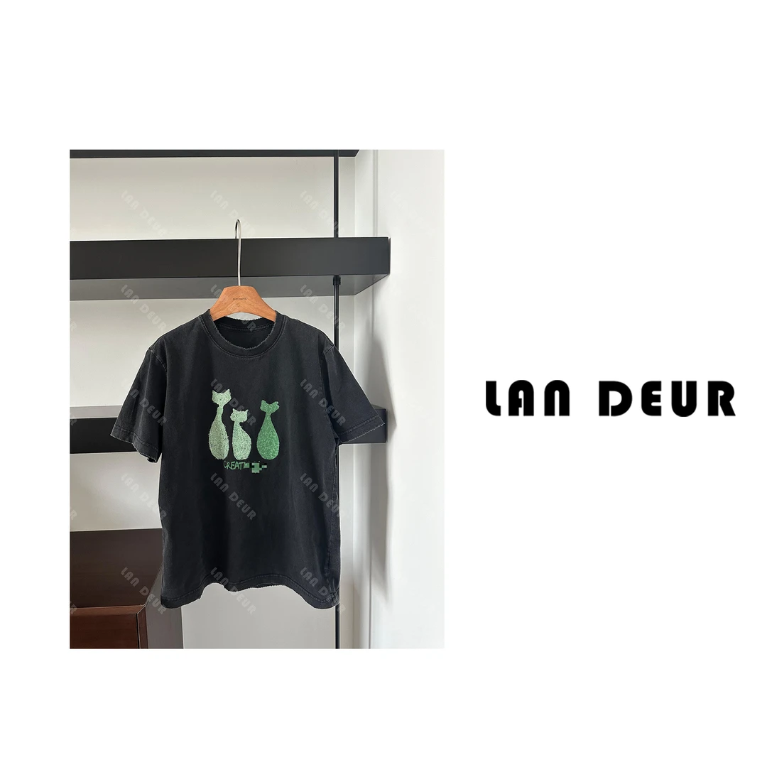 【暮山雪】水洗做旧长绒棉气质时尚休闲印花圆领重工短袖T恤女上衣