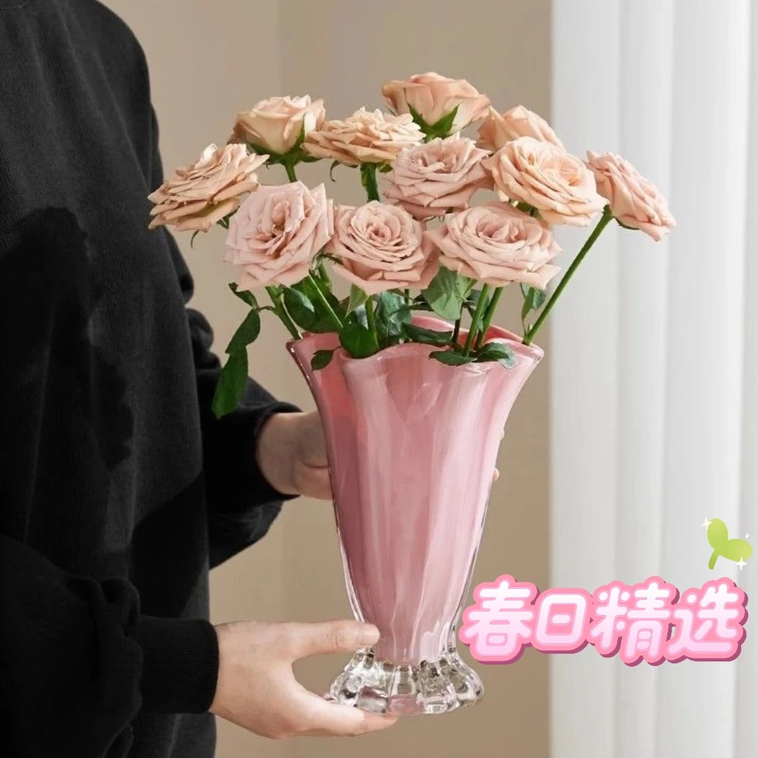 嘉玘【精品】轻奢花瓣玻璃法式ins风装饰花器客厅鲜花餐桌摆件花瓶