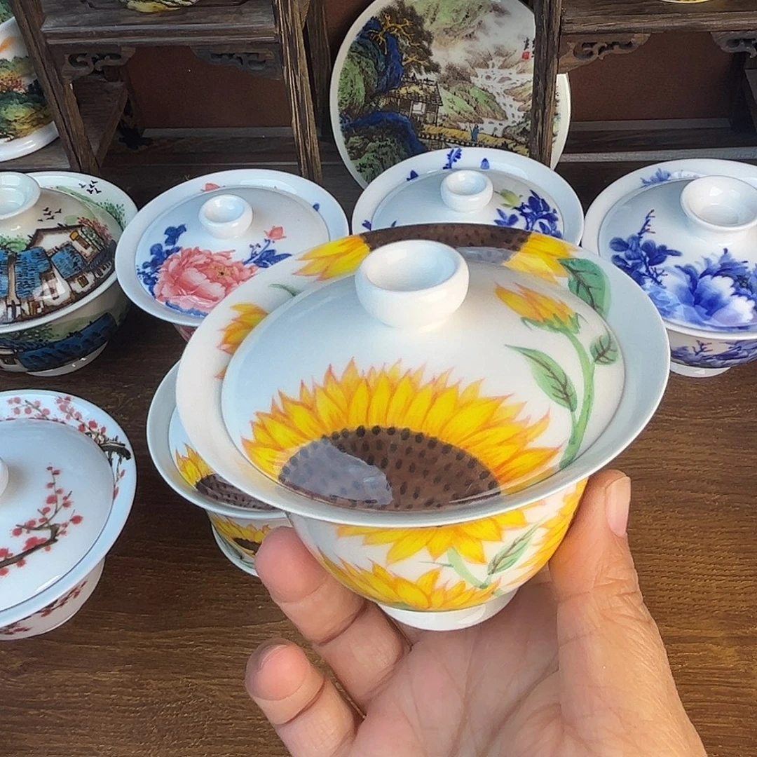 忠意堂釉下彩向日葵盖碗