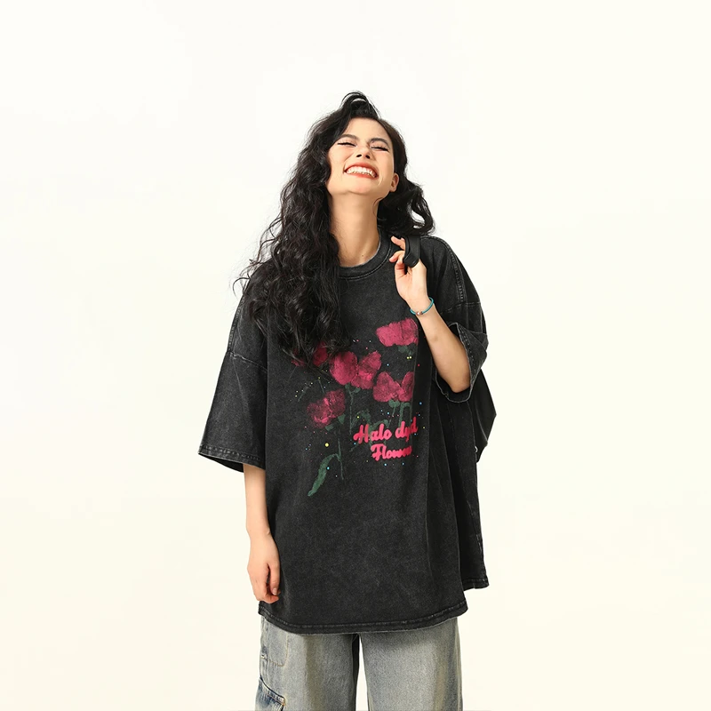 XDYOP美式水洗做旧玫瑰印花短袖T恤男女夏季宽松潮牌街头情侣上衣