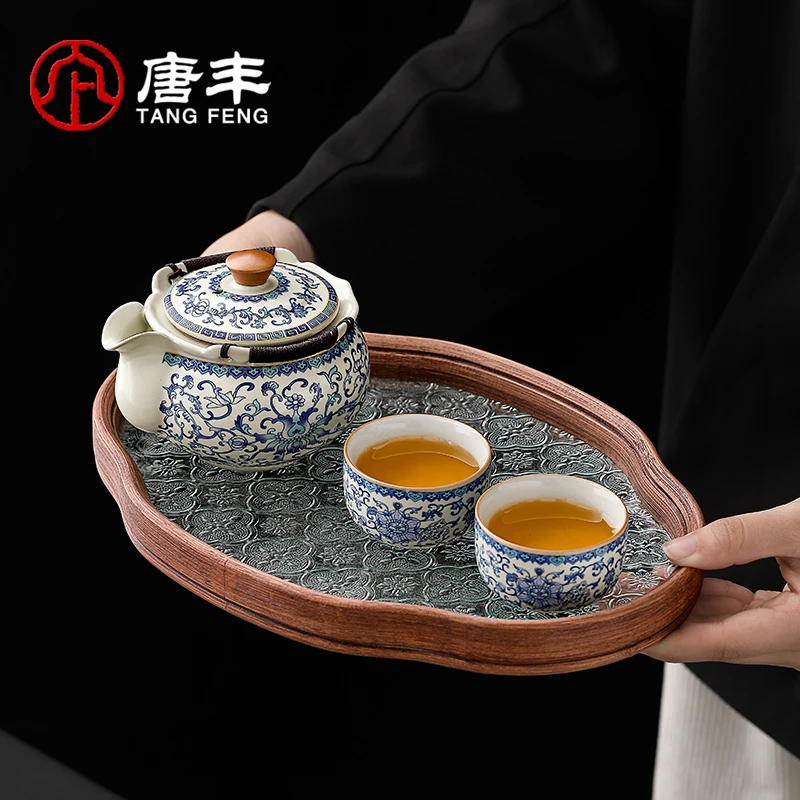 唐丰二人茶具青花汝窑一壶两杯家用高档泡茶专用手抓壶盖碗泡茶具