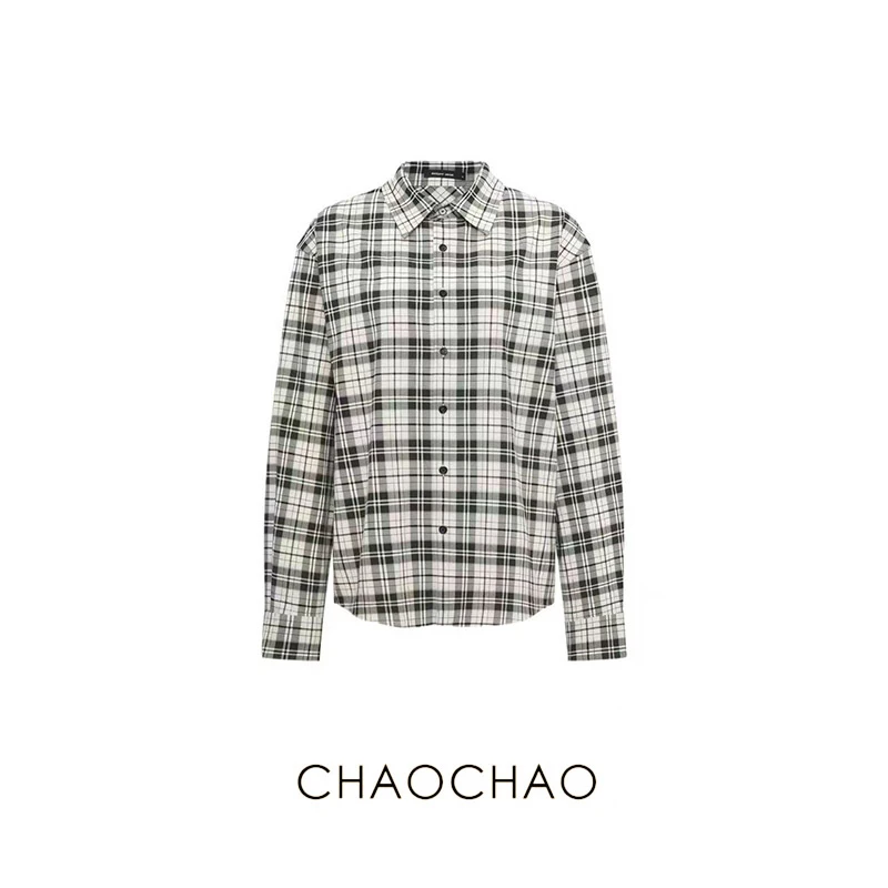 CHAOCHAO | 2025秋冬女士宽松落肩格纹黑白经典复古款式长袖衬衫