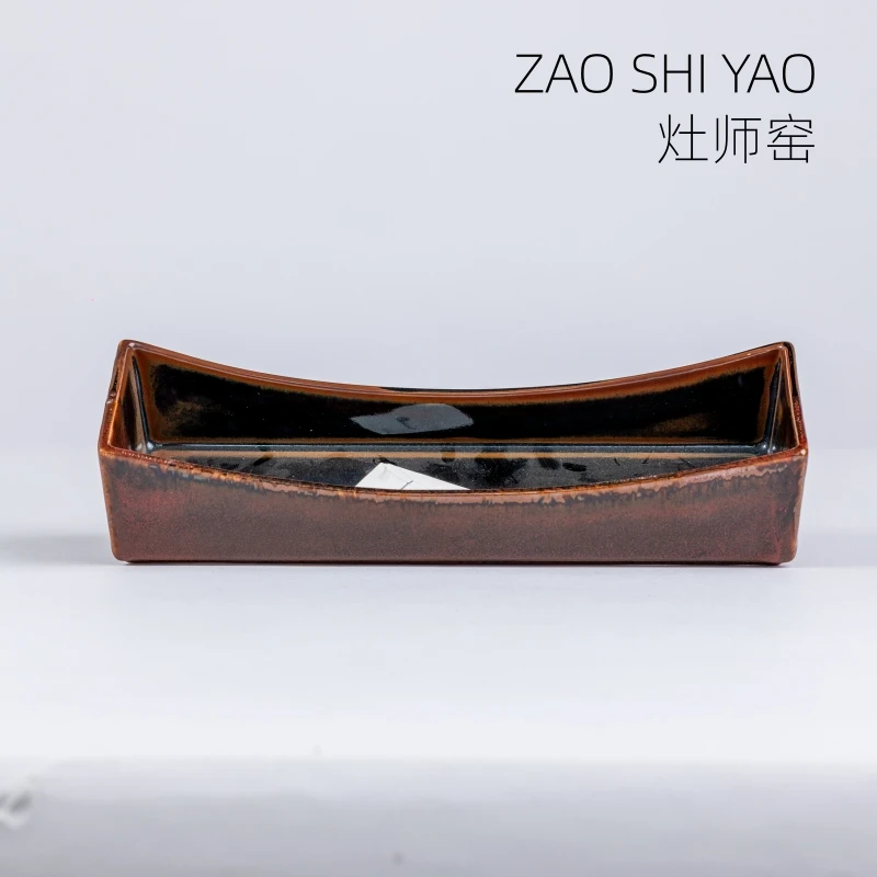 日本进口灶师窑深红色长角钵