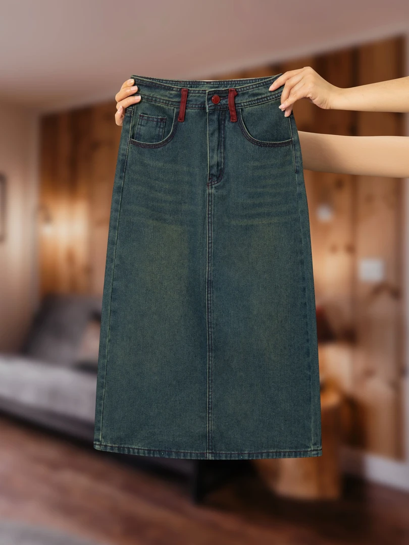 春夏新款撞色牛仔裙半身裙女开叉高腰A字版宽松百搭复古直筒中长