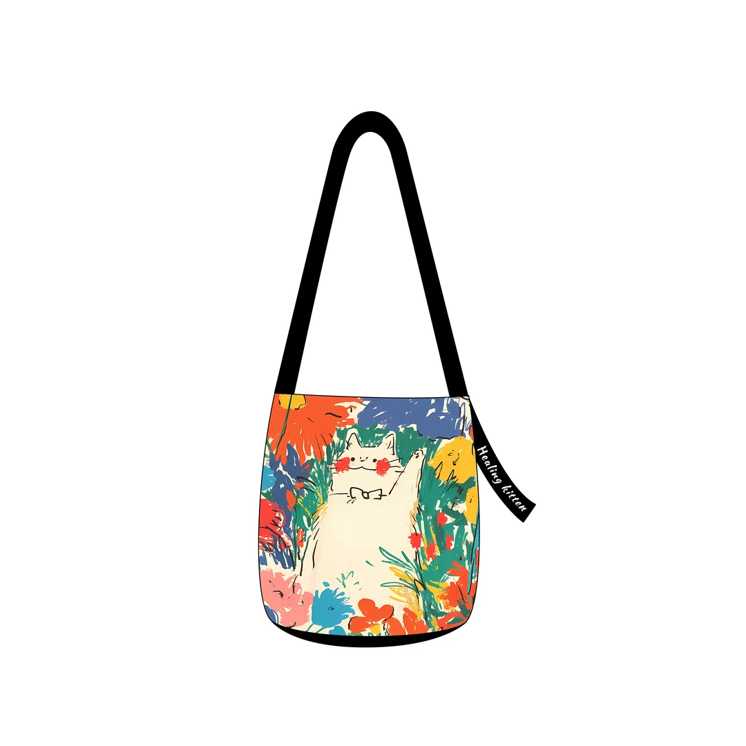 艺术鸭原创立正元气小猫百搭飘带多用水桶包单肩斜跨手提小众通勤