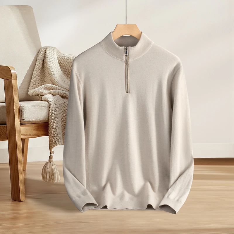 100%精纺纯山羊绒衫虚提加厚毛衣半高拉链纯羊绒套头衫300-350克