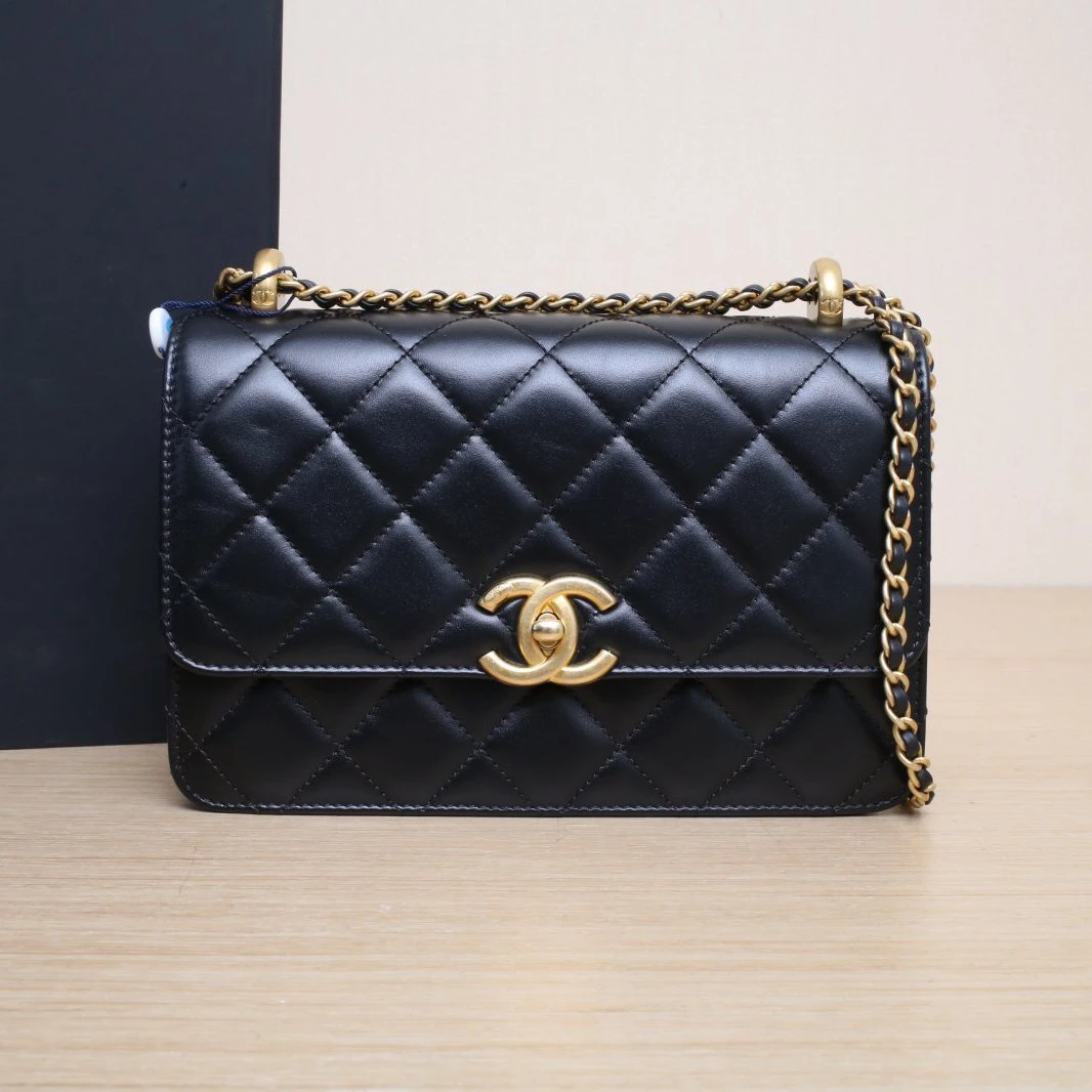 99新 Chanel/香奈儿 小花6欢 24C CF 口盖包 22cm 黑色 双金珠
