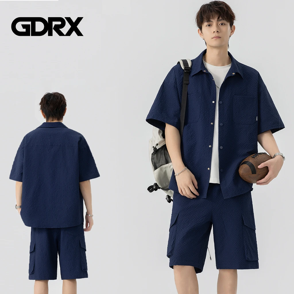 GDRX美式新款男生套装2025夏季宽松短袖衬衫短裤透气薄款情侣套装