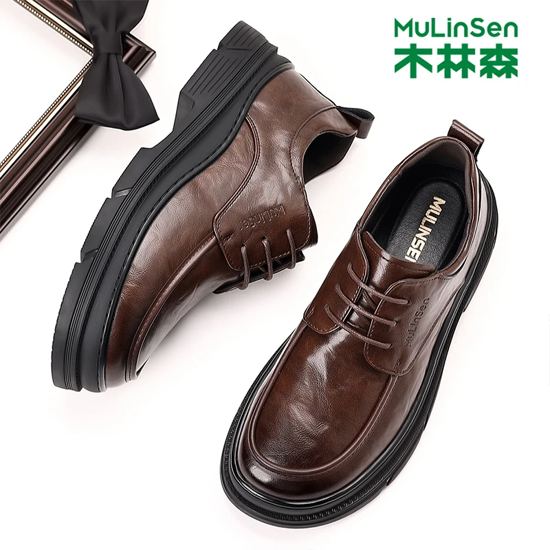 木林森男鞋春秋季软面商务正装休闲皮鞋男款高级棕色结婚新郎德比