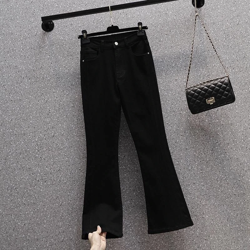 2025冬季加绒黑色微喇牛仔裤女高腰显瘦修身百搭大码喇叭裤长裤子