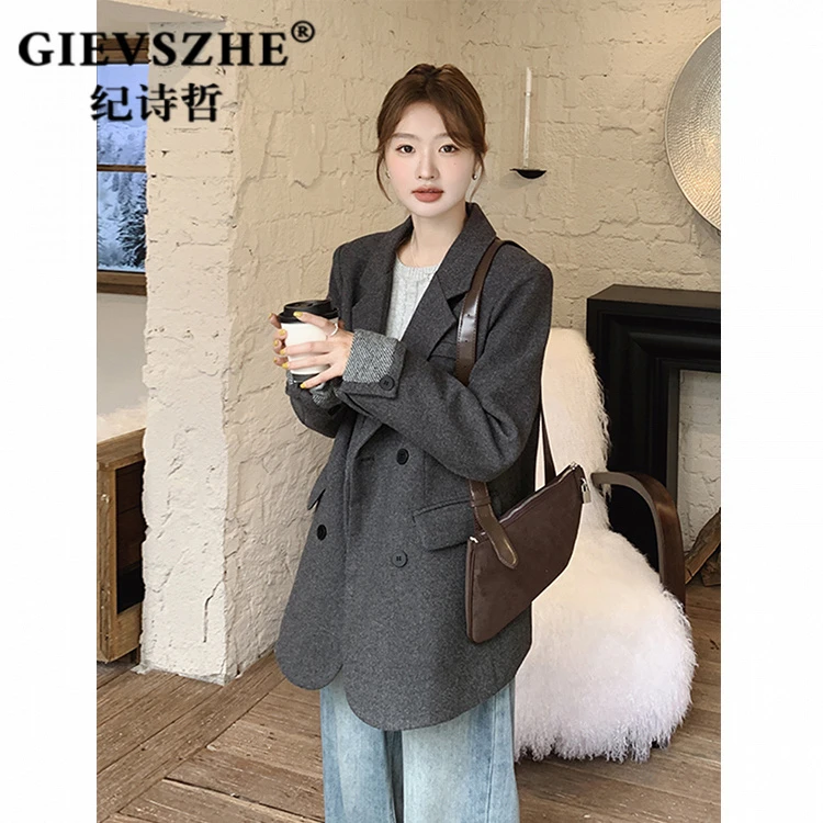 纪诗哲灰色毛呢西装外套女冬季2025新款韩系高级感加厚呢子西服女