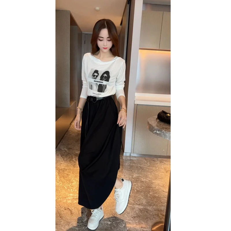 含腰带/名媛风气质洋气微透个性图案长袖T恤女中长款半身裙长裙
