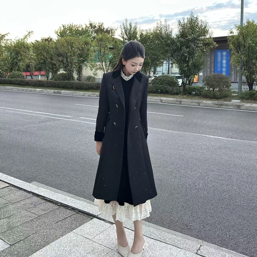 《星火斑斓5090》小个子秋冬西装黑色小香风长款双排扣外套女