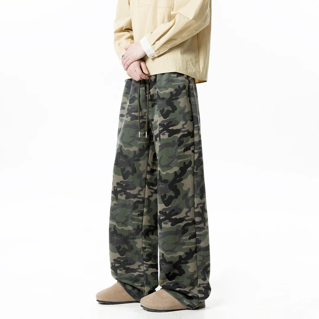美式复古重磅迷彩卫裤男2025秋季新款水洗宽松直筒阔腿休闲长裤子