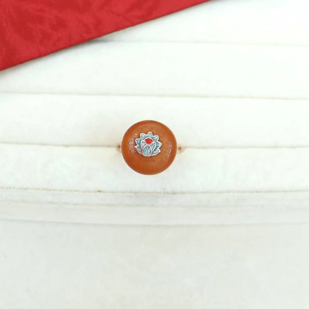 S925银镶嵌高档天然琥珀蜜蜡饼子女款复古女款戒指