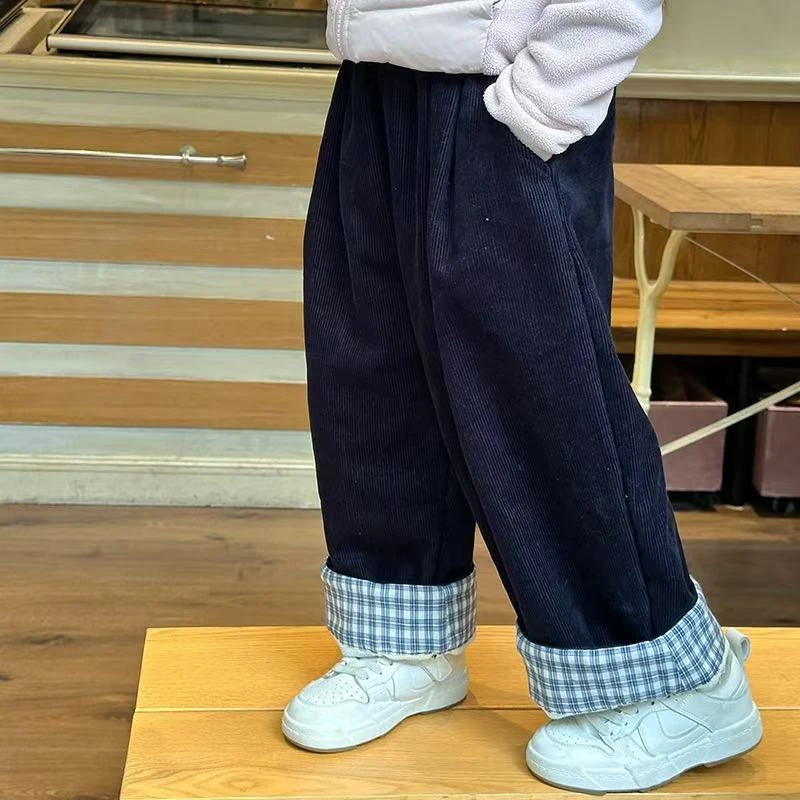 女童秋冬季洋气纯色裤脚卷边格子直筒百搭休闲裤24030