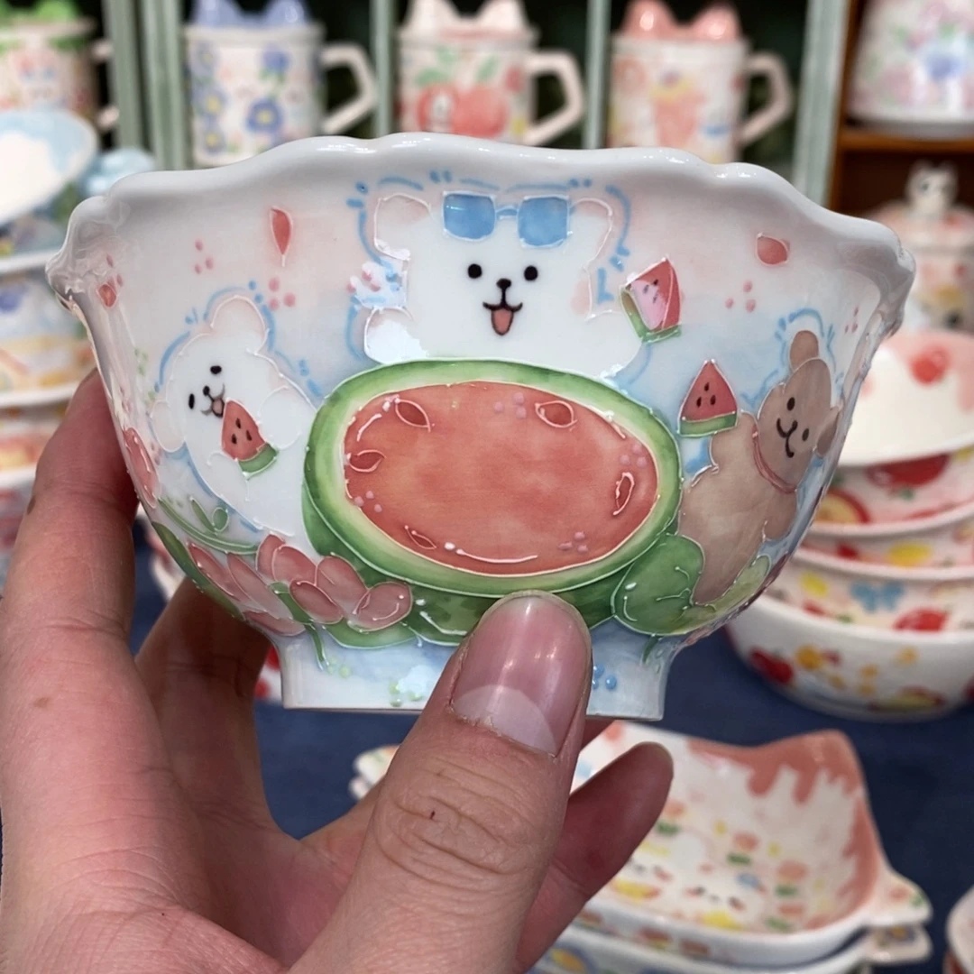 瓷片荷花线条小狗米饭碗