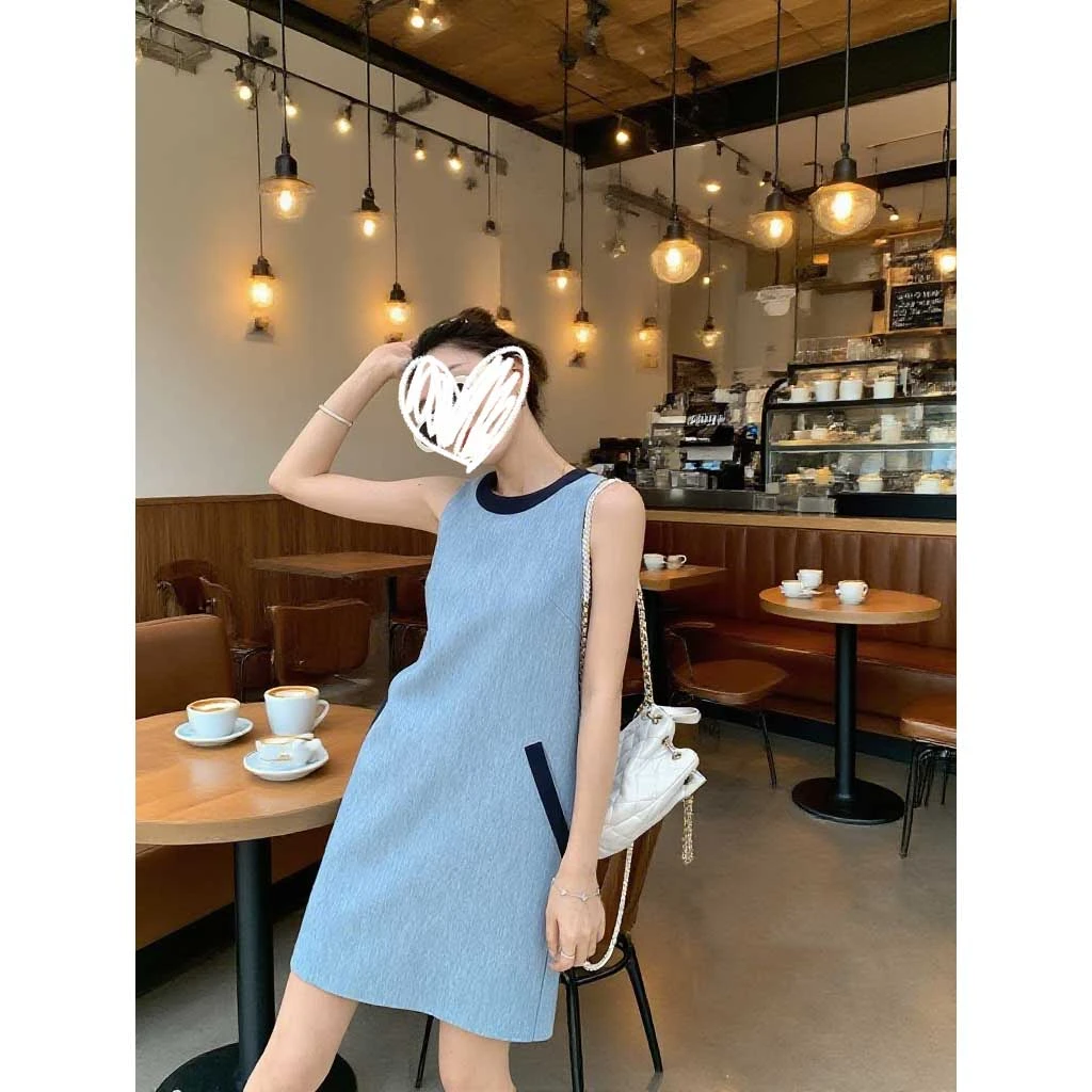 【暮光晚宴】夏季简约髙级背心裙新款撞色气质显瘦连衣裙8263
